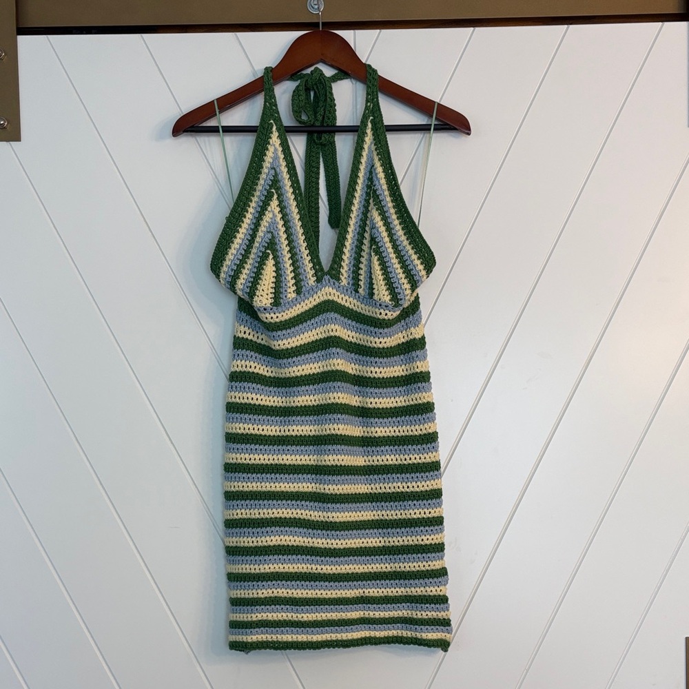🧶 Lilyful Green Cross-Front Crochet Mini Dress — Size M